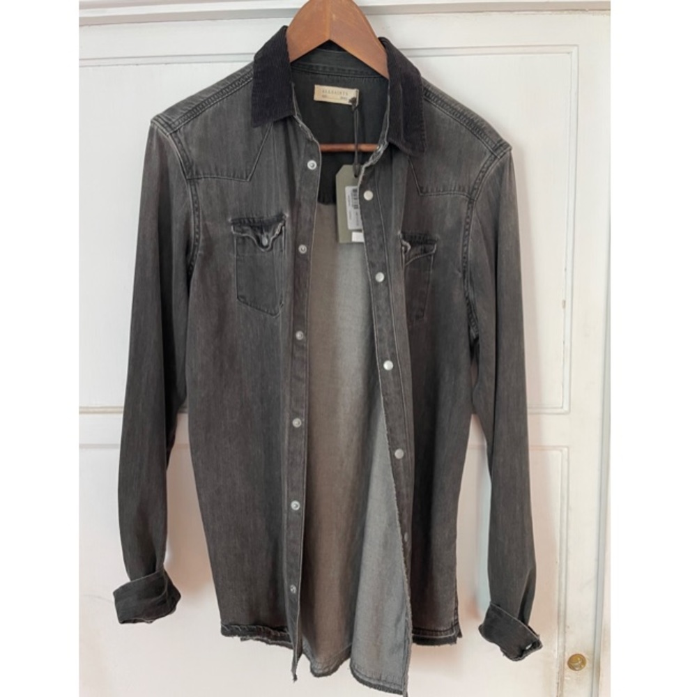 NWT All Saints Gray Denim Shirt W/ Corduroy Collar